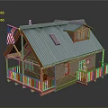 Classic Wooden House With Blue Roof American Flag Porch Skylight And Front Figure