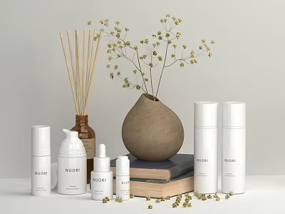 Daily Skincare And Bath Products With Various Bottles Reed Diffusers Ceramic Vase And Dried Flowers 3d model