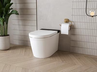 Modern Elegant White Toilet With Gold Paper Holder And Vertical Tile Wall Wooden Floor 3d model