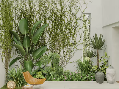 Tropical Courtyard Garden With Large Leaf Plants Climbing Vines And Decorative Pots 3d model