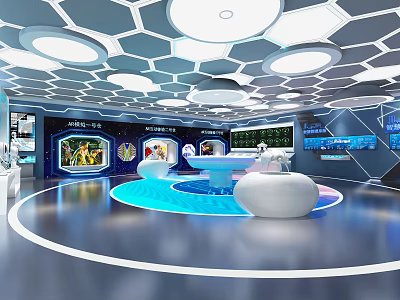 Modern Tech Exhibition Hall With Hexagonal Ceiling Blue Floor White Podiums And Screens 3d model