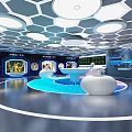 Modern Tech Exhibition Hall With Hexagonal Ceiling Blue Floor White Podiums And Screens