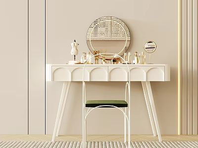 Modern White Dressing Table With Round Mirror Green Cushioned Chair And Decorative Cosmetics On Top 3d model