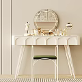 Modern White Dressing Table With Round Mirror Green Cushioned Chair And Decorative Cosmetics On Top