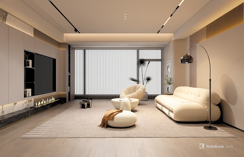 Modern Living Room Interior With White Sofa Round Ottoman Floor Lamp Fireplace And Large Window 3d model 