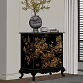 Entryway Cabinet Sideboard with Hand Painted Floral Patterns Decorative Vase Plates in Corner