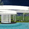 Modern Garden Landscape Design With Curved White Structure Blue Pool And Lush Greenery