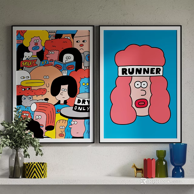 Colorful Cartoon Wall Art With Pink Haired Runner And Vibrant Characters 3d model 