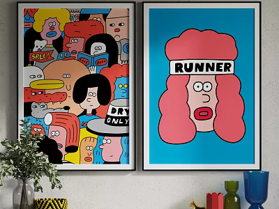 Colorful Cartoon Wall Art With Pink Haired Runner And Vibrant Characters 3d model