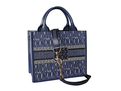 Navy Blue Monogram Pattern Handbag With Top Handles Detachable Crossbody Strap And Gold Key Charm 3d model