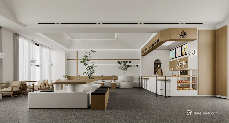 Modern Milk Tea Store Interior With Seating Area And Green Plants 3d model 