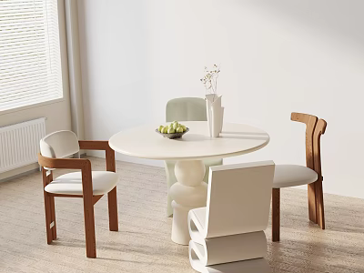Modern Dining Table Set With Round Top Wooden Chairs White Seats And Decorative Vase 3d model
