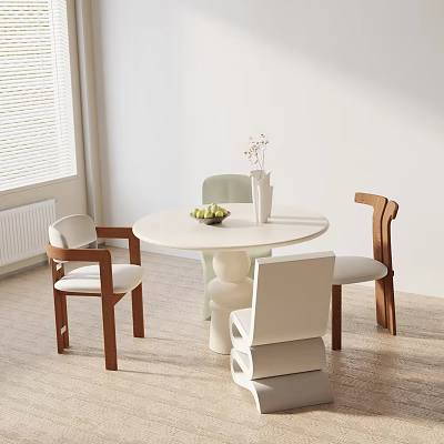 Modern Dining Table Set With Round Top Wooden Chairs White Seats And Decorative Vase 3d model