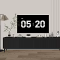 Modern Dark TV Stand With Vertical Stripes Vase Books Tea Set And Floor Lamp