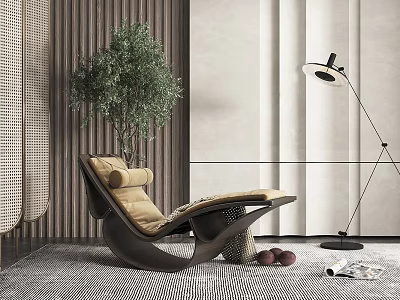 Modern Stylish Lounge Chair With Potted Plant Floor Lamp And Textured Rug 3d model