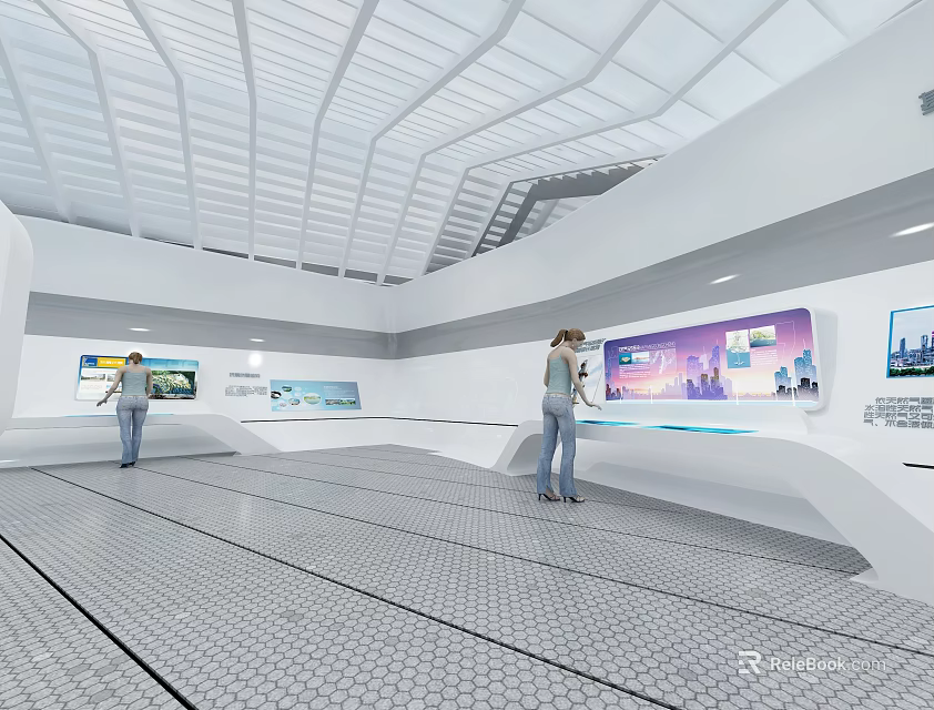 Modern Exhibition Hall With Interactive Digital Displays And Geometric Floor Design 3d model