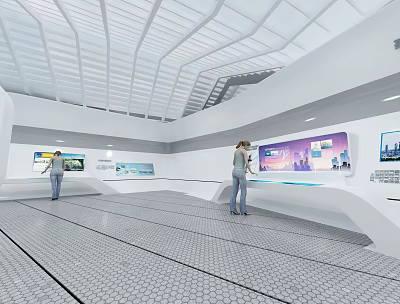 Modern Exhibition Hall With Interactive Digital Displays And Geometric Floor Design 3d model