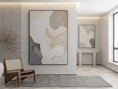 Modern Interior With Large Abstract Painting Smaller Artwork Wooden Chair And Gray Rug 3d model