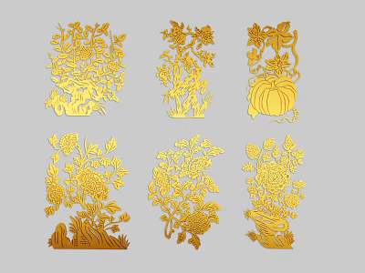 Traditional Golden Paper Cutting Art With Floral And Plant Patterns 3d model