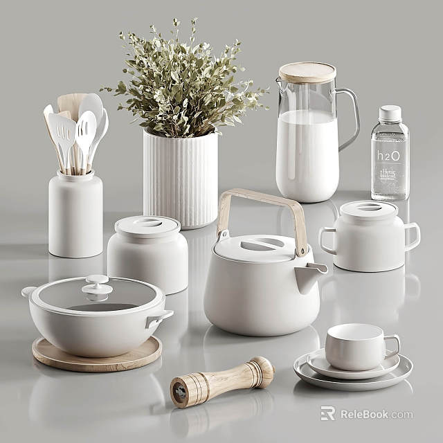 Minimalist White Ceramic Kitchen Utensils with Teapot Jars Mug and Wooden Accents 3d model 