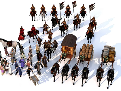Many People in Ancient Caravan with Horse Carriages and Wooden Barrels 3d model
