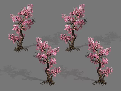 Multiple Arbor Trees With Pink Blossoms Detailed Trunk And Exposed Roots 3d model