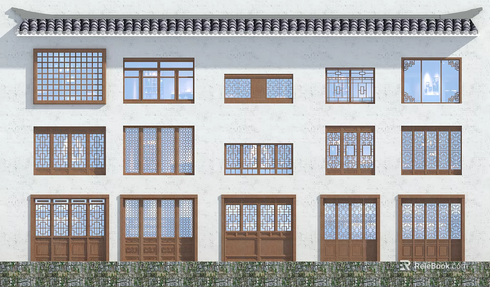 Classic Carved Lattice Windows On Traditional Building Exterior With White Walls And Tile Roof 3d model 