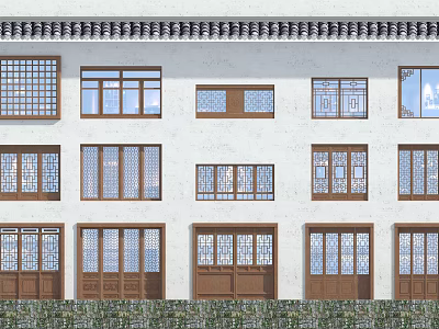 Classic Carved Lattice Windows On Traditional Building Exterior With White Walls And Tile Roof 3d model