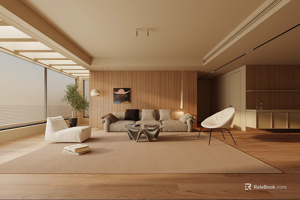 Modern Living Room Interior With Wooden Walls Beige Rug Sofa And Armchair 3d model 
