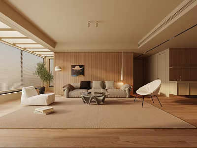 Modern Living Room Interior With Wooden Walls Beige Rug Sofa And Armchair 3d model