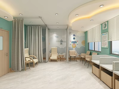 Cozy Waiting Room Interior Featuring Teal Walls Curtains Chairs Tables And Decorative Posters 3d model