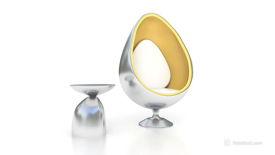 Exhibition Egg Shaped Chair And Silver Table With Modern Yellow Interior Design 3d model 