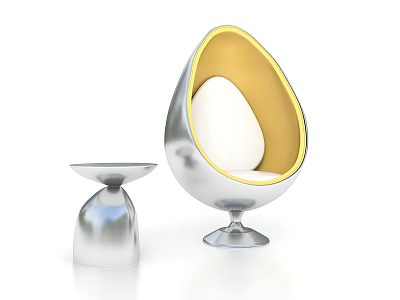 Exhibition Egg Shaped Chair And Silver Table With Modern Yellow Interior Design 3d model
