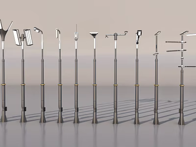 Various Outdoor Lights Featuring Different Metal Pole And Lamp Head Designs On 3d model