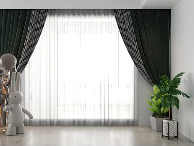 Elegant Dark Curtains With Sheer Inner Layer In Modern Living Room Interior 3d model