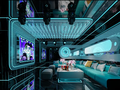 Futuristic Modern KTV Interior With Blue Lighting Sofas TV Screens And Chandeliers 3d model