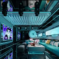 Futuristic Modern KTV Interior With Blue Lighting Sofas TV Screens And Chandeliers
