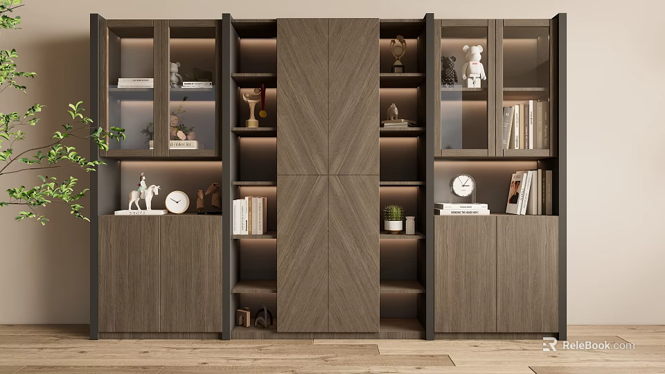 Modern Wooden Bookcase Interior With Glass Doors Books Decorative Items And Green Plant 3d model 