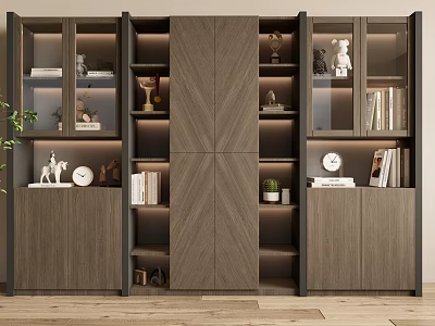 Modern Wooden Bookcase Interior With Glass Doors Books Decorative Items And Green Plant 3d model