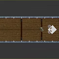 Wooden Platform Design With White Railings Street Lamps Statue And Table Chairs