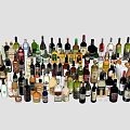 Assorted Wine Bottles and Glasses Collection with Diverse Styles on