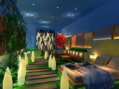 Elegant Hotel Guest Room Featuring Courtyard Wooden Walkway Green Plants And White Lantern Lights 3d model