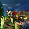 Elegant Hotel Guest Room Featuring Courtyard Wooden Walkway Green Plants And White Lantern Lights
