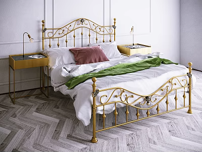 Elegant Golden Double Bed With Ornate Frame White Sheets Pink Pillow And Green Blanket 3d model