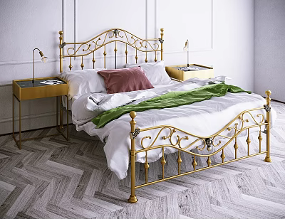 Elegant Golden Double Bed With Ornate Frame White Sheets Pink Pillow And Green Blanket 3d model