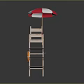 Wooden Multi Tiered Outdoor Furniture With Red And White Umbrella Seat And Storage Shelf