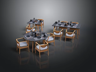Modern Dining Furniture Set With Wooden Tables And White Cushioned Chairs 3d model