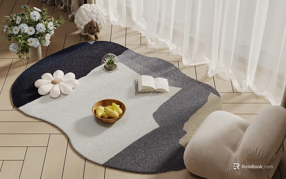 Stylish Shaped Rug with White Flower Cushion Wooden Bowl Fruits Open Book and Potted Plant 3d model 