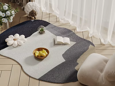 Stylish Shaped Rug with White Flower Cushion Wooden Bowl Fruits Open Book and Potted Plant 3d model