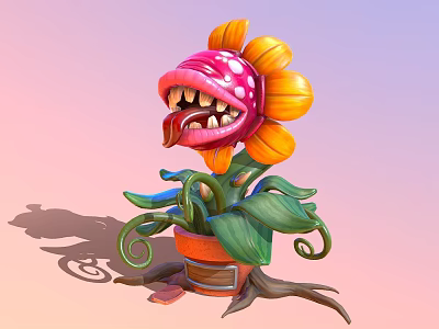 Playful Flower Creature With Big Mouth Sharp Teeth Yellow Petals Pink Center Green Leaves 3d model
